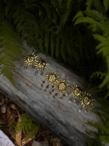 Brass Sun Earrings ~ Glass Beads that look like Labradorite