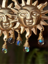 Load image into Gallery viewer, Brass Sun Earrings ~ Glass Beads that look like Labradorite