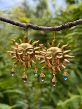 Load image into Gallery viewer, Brass Sun Earrings ~ Glass Beads that look like Labradorite