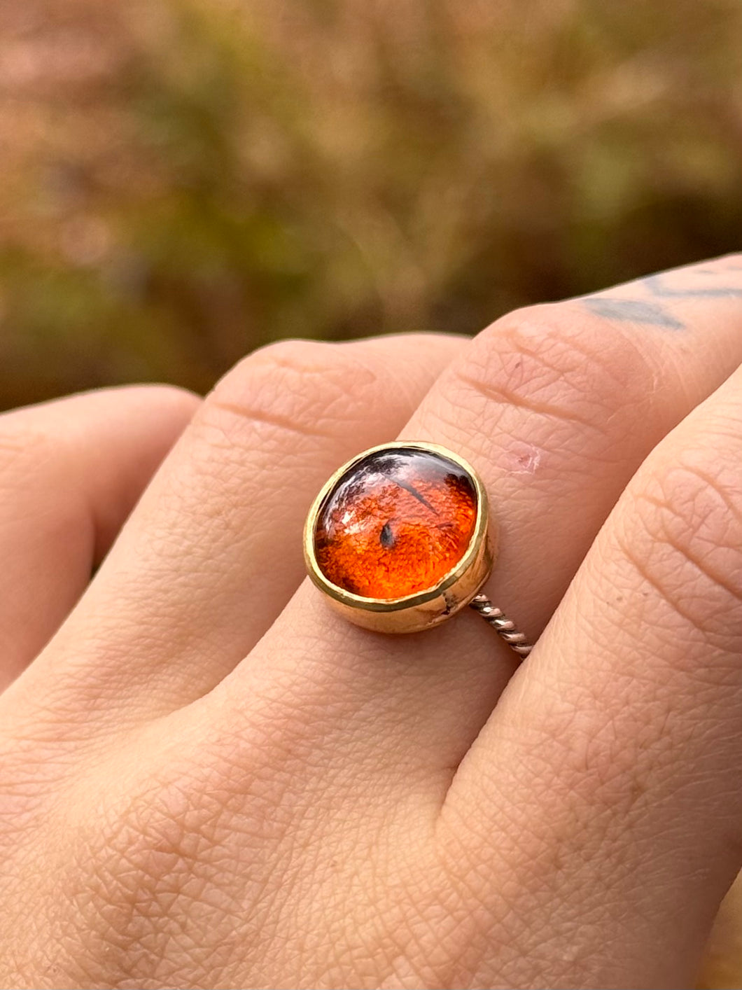 Amber Silver Smithed Ring size 8