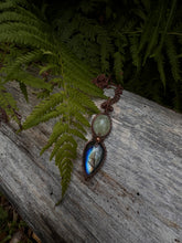 Load image into Gallery viewer, Brass Sun Earrings ~ Glass Beads that look like Labradorite