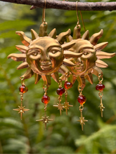 Load image into Gallery viewer, Brass Sun Earrings ~ Celestial Amber