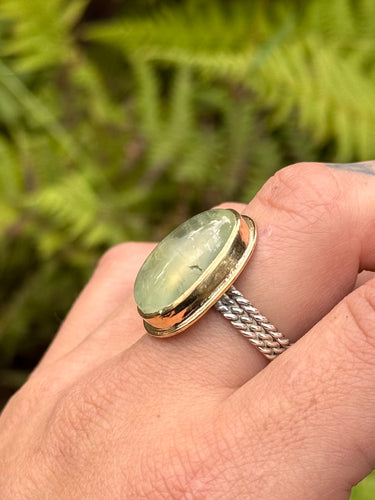 Bold Prehnite Silver Smithed Ring size 8 1/4