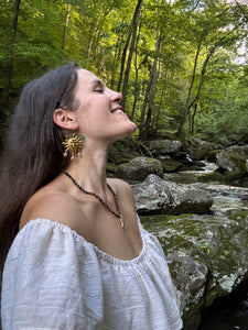 Brass Sun Earrings ~ Glass Beads that look like Labradorite